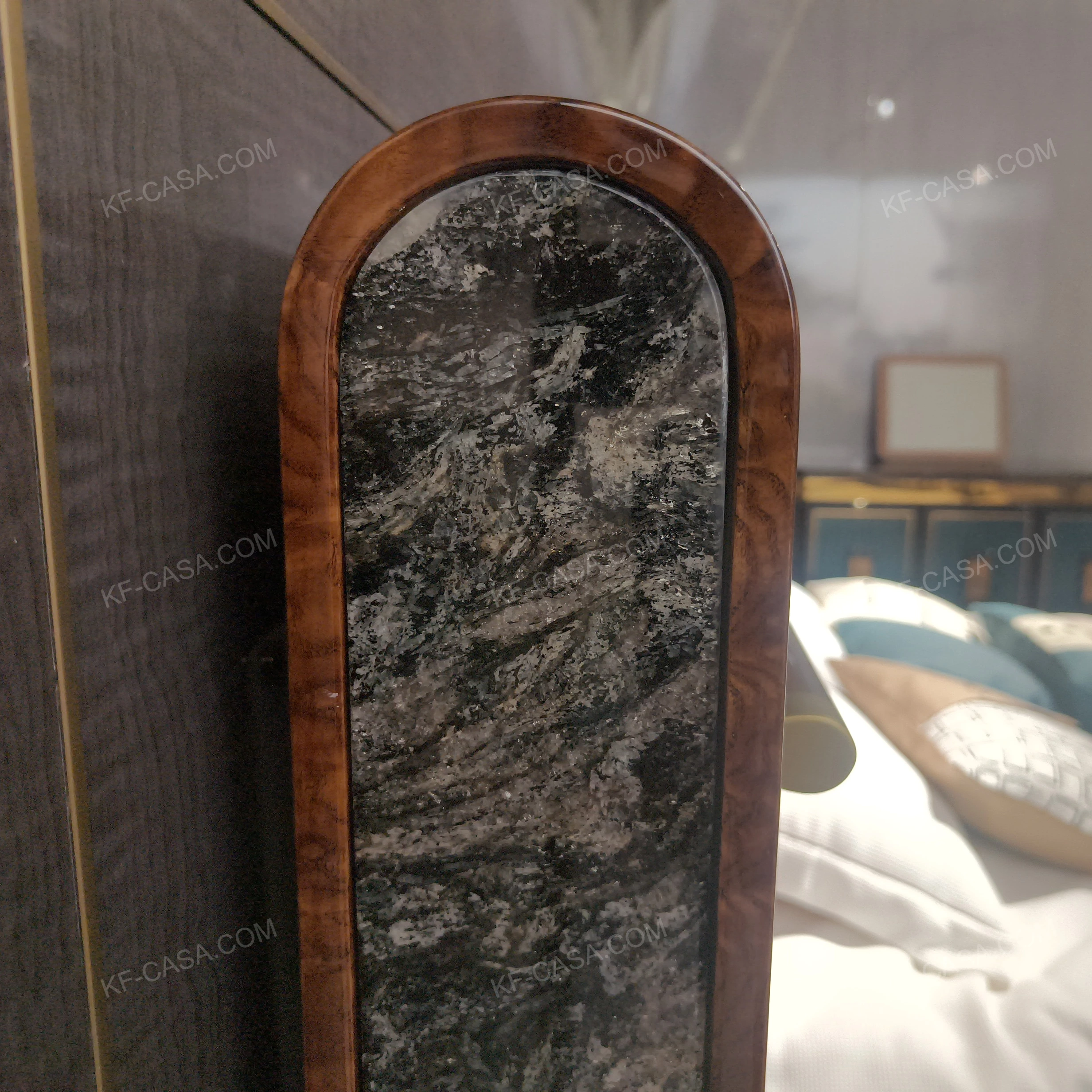 Natural Wood Headboard Upholstered Bed with Burgundy Leather Panel, Polished Marble Side Accents & Stainless Steel Hardware